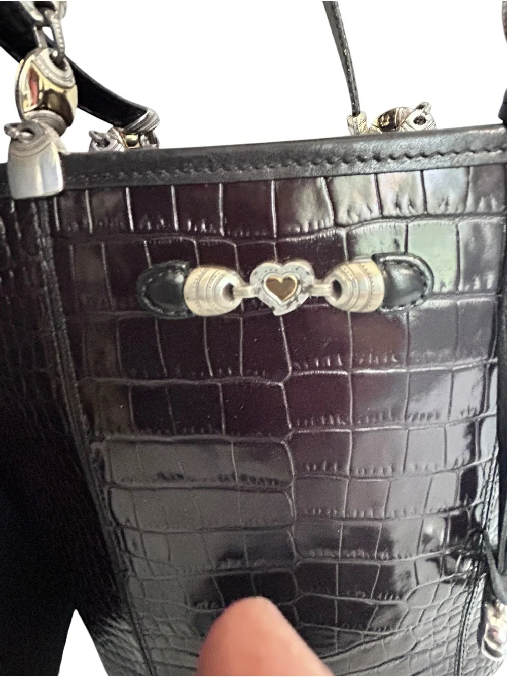 Vintage Brighton Shiny Black Croc Embossed Leather Shoulder Bucket Bag Purse